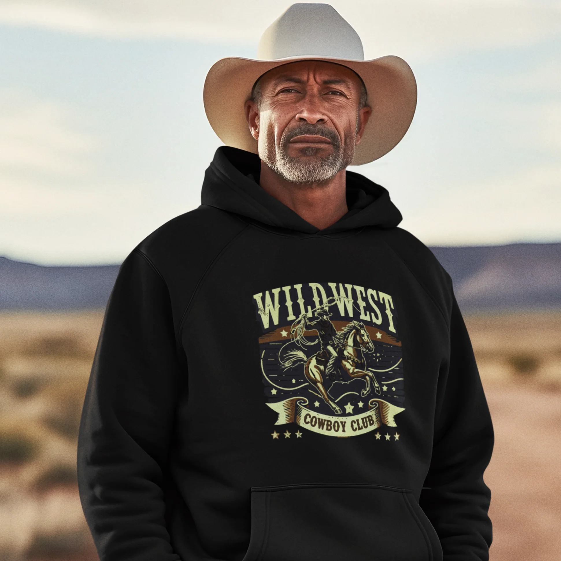 Deals Cowboy Threads Store -Deals Cowboy Threads Store western themed mockup of an ai generated cowboy wearing a pullover hoodie m36769 2